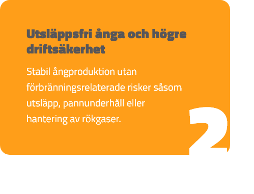 Stabil ångproduktion utan förbränningsrelaterade risker såsom utsläpp, pannunderhåll eller hantering av rökgaser.