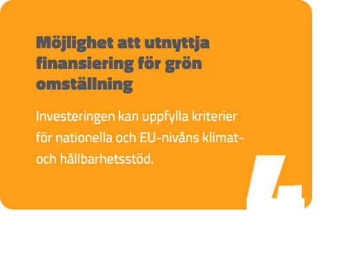 Investeringen kan uppfylla kriterier för nationella och EU‑nivåns klimat‑ och hållbarhetsstöd.